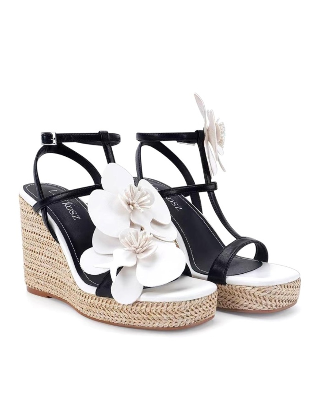 White Black Leather Floral Wedge Platform Sandals with Ankle Strap